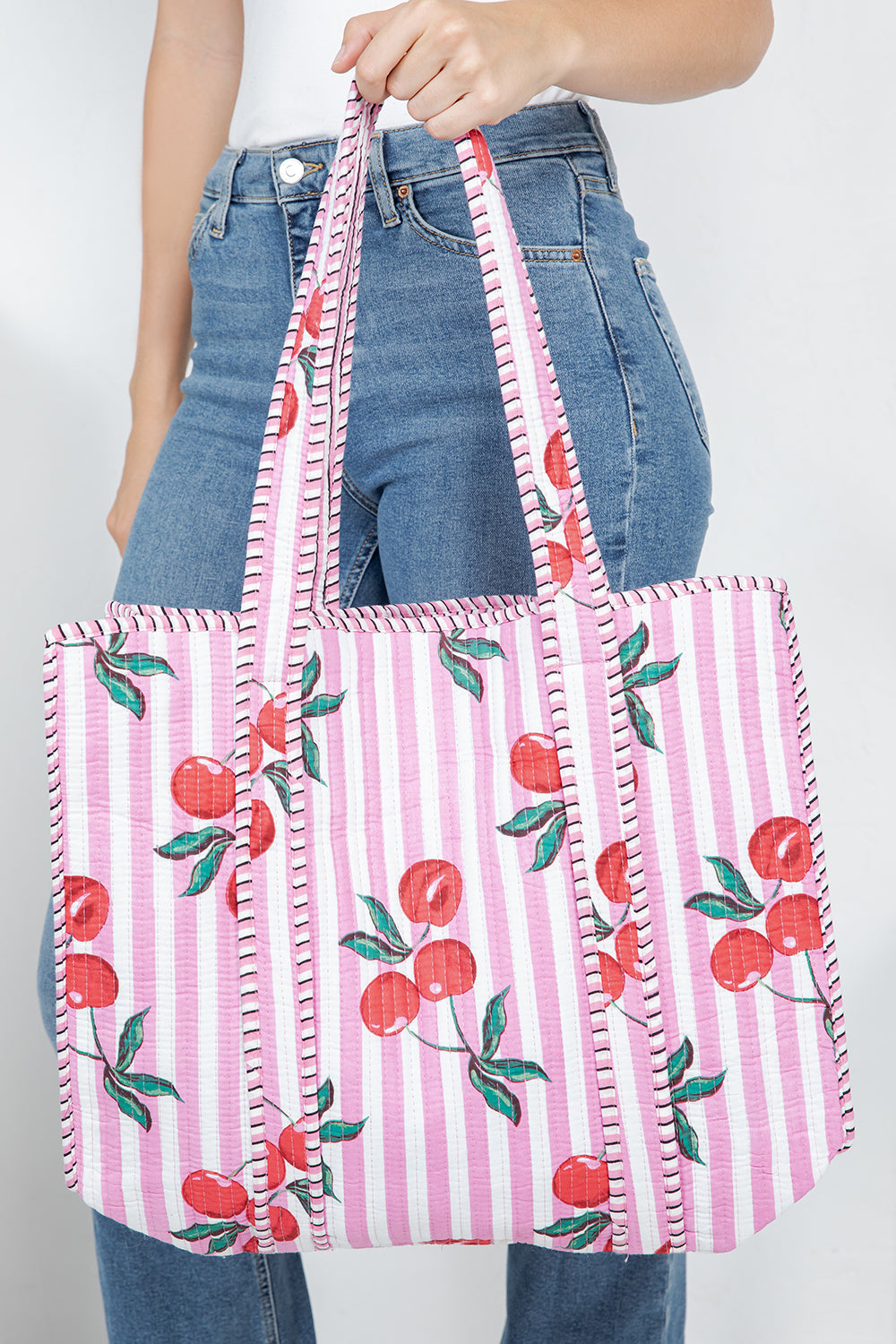 Cherry Quilted Cotton Tote Bag