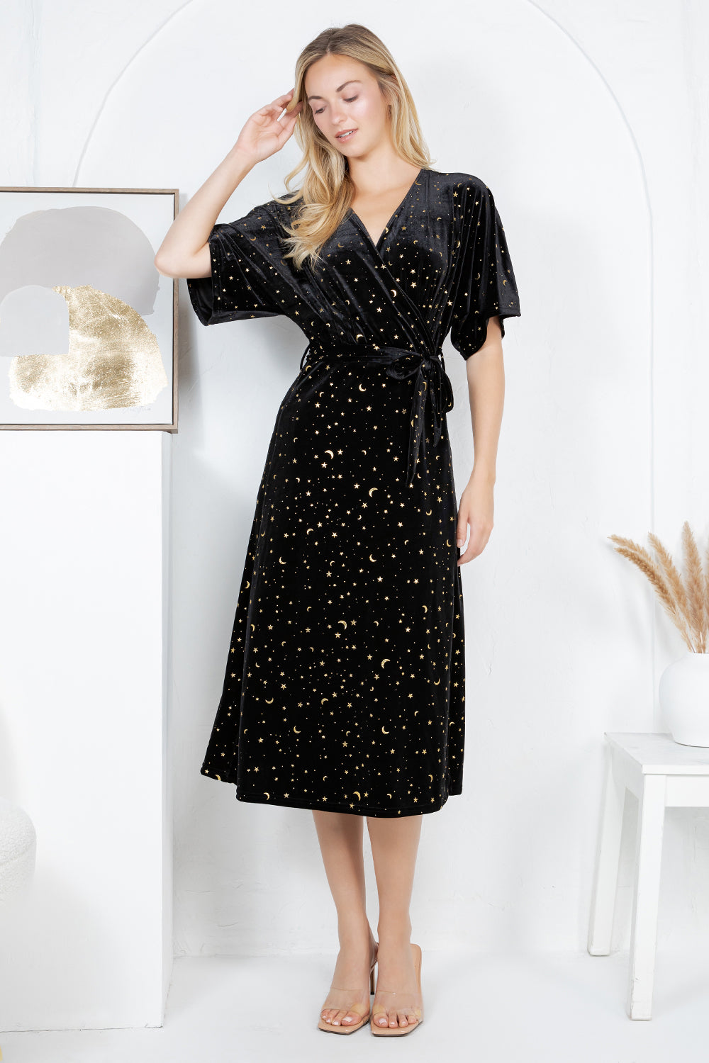 GOLDEN MOON STAR VELVET WRAP MIDI DRESS - BLACK