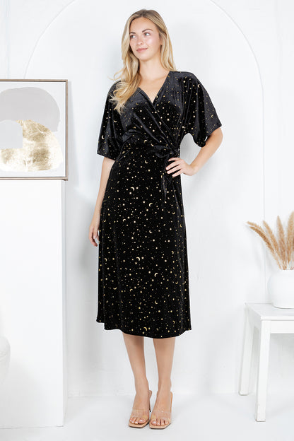 GOLDEN MOON STAR VELVET WRAP MIDI DRESS - BLACK