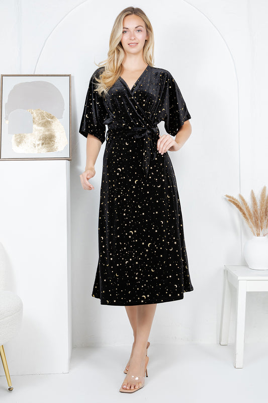 GOLDEN MOON STAR VELVET WRAP MIDI DRESS - BLACK