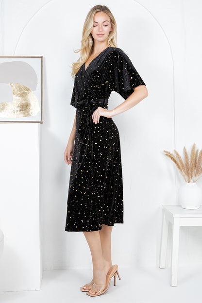 GOLDEN MOON STAR VELVET WRAP MIDI DRESS - BLACK