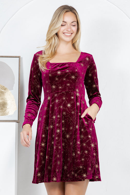 Celestial Velvet Dress-Burgundy