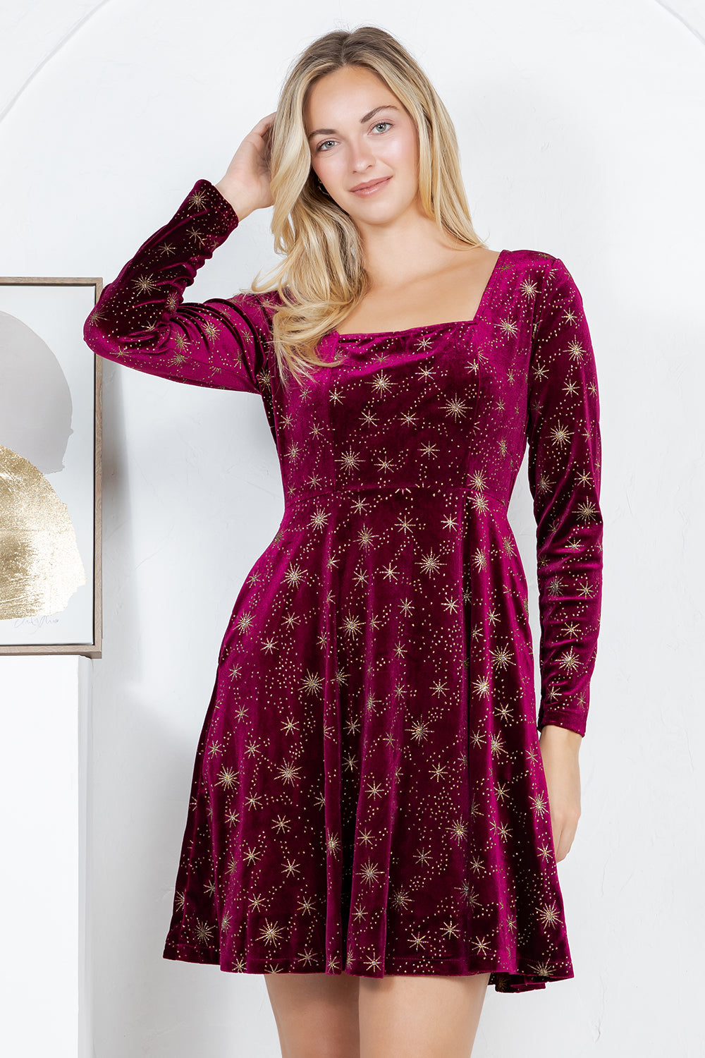 Celestial Velvet Dress-Burgundy