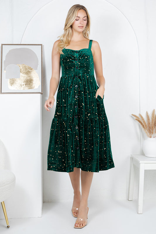 GOLDEN MOON STAR VELVET SMOCKED CAMI DRESS- GREEN