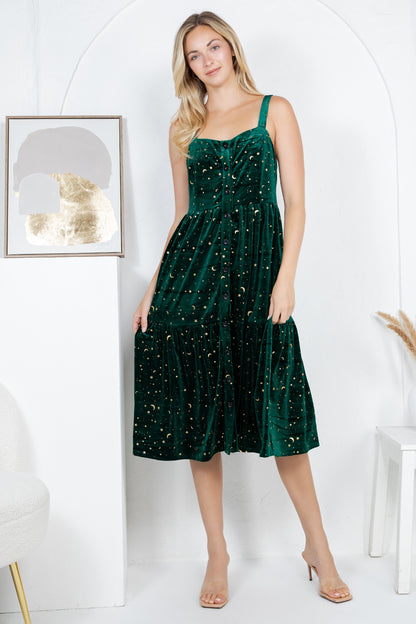 GOLDEN MOON STAR VELVET SMOCKED CAMI DRESS- GREEN