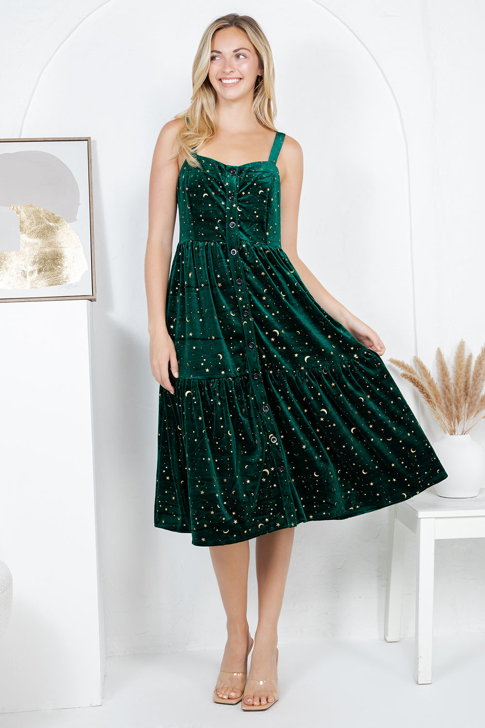GOLDEN MOON STAR VELVET SMOCKED CAMI DRESS- GREEN