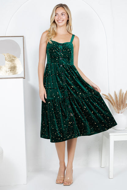 GOLDEN MOON STAR VELVET SMOCKED CAMI DRESS- GREEN