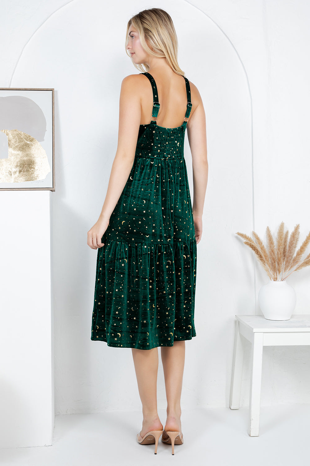GOLDEN MOON STAR VELVET SMOCKED CAMI DRESS- GREEN