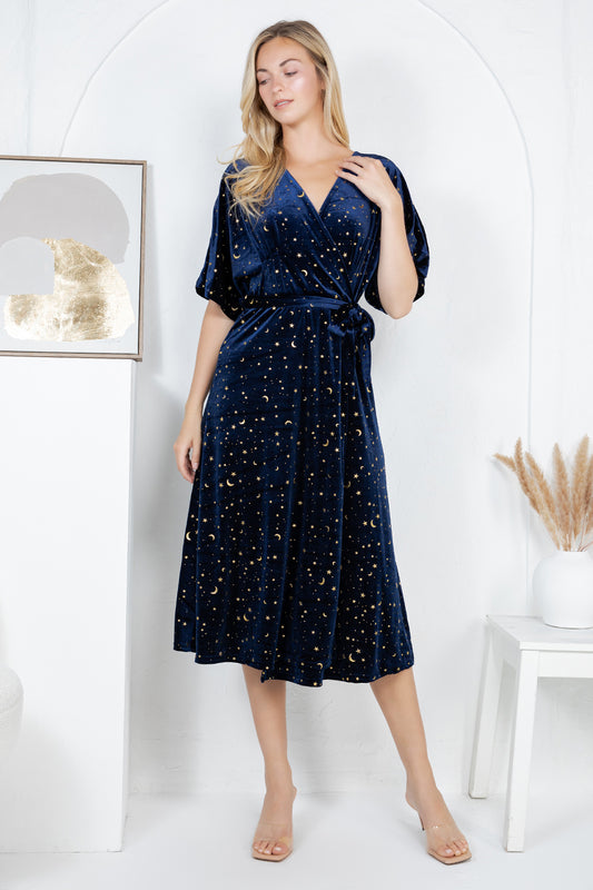 GOLDEN MOON STAR VELVET WRAP MIDI DRESS - NAVY