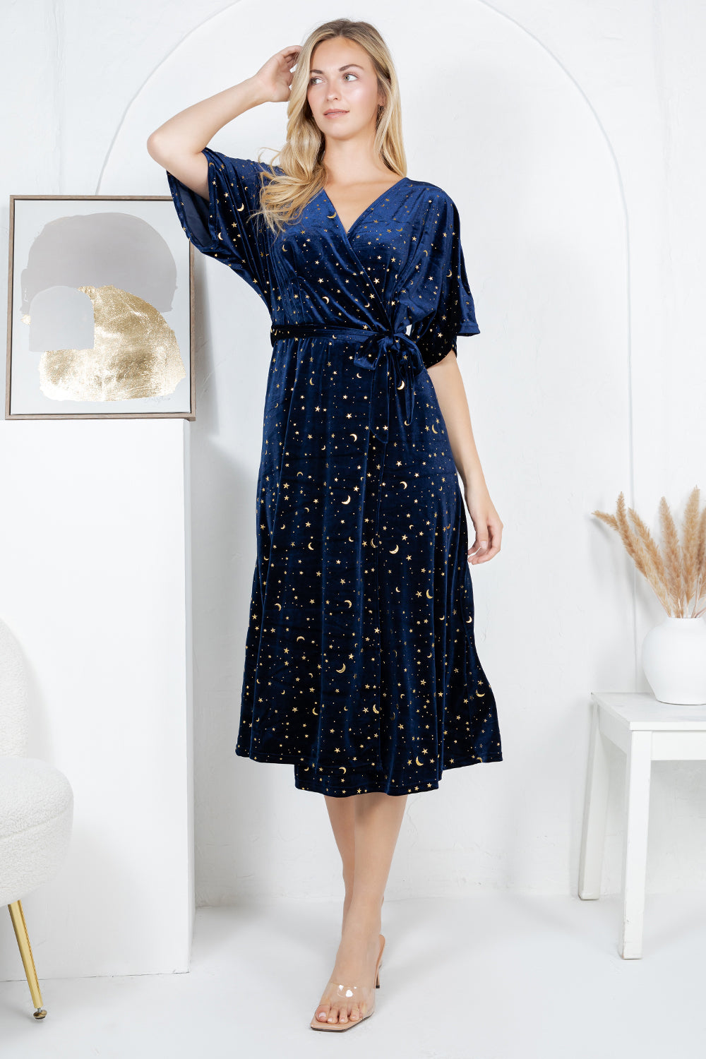 GOLDEN MOON STAR VELVET WRAP MIDI DRESS - NAVY