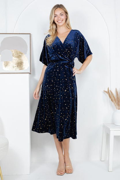 GOLDEN MOON STAR VELVET WRAP MIDI DRESS - NAVY