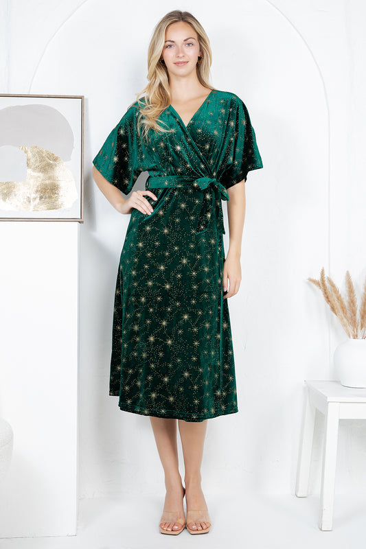 GOLDEN STAR VELVET WRAP MIDI DRESS - GREEN