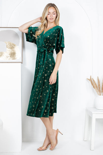 GOLDEN STAR VELVET WRAP MIDI DRESS - GREEN