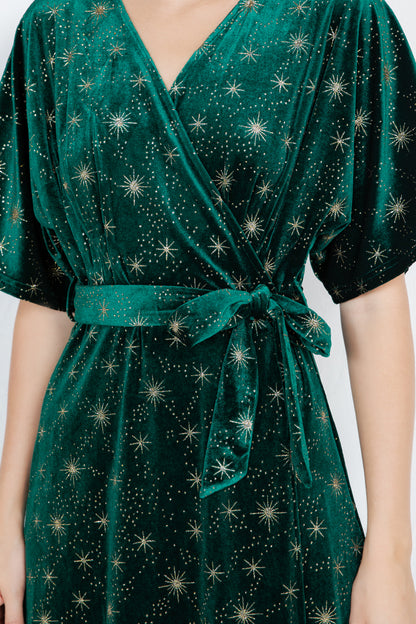 GOLDEN STAR VELVET WRAP MIDI DRESS - GREEN