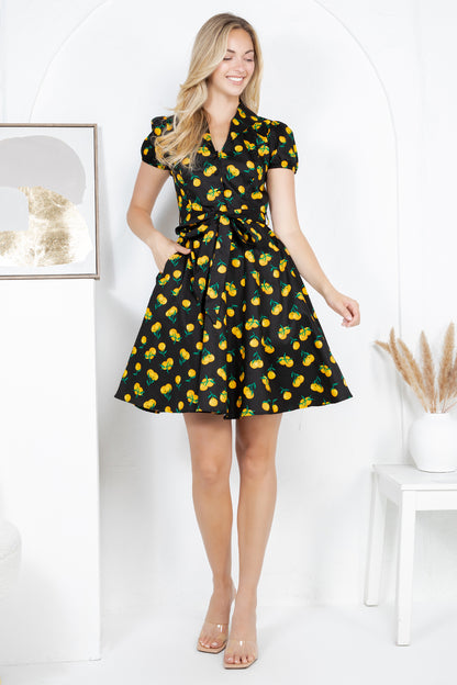 ORANGE PRINT COTTON DRESS - BLACK