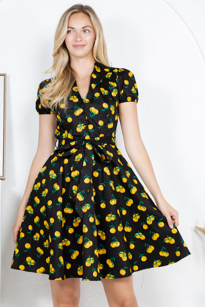 ORANGE PRINT COTTON DRESS - BLACK