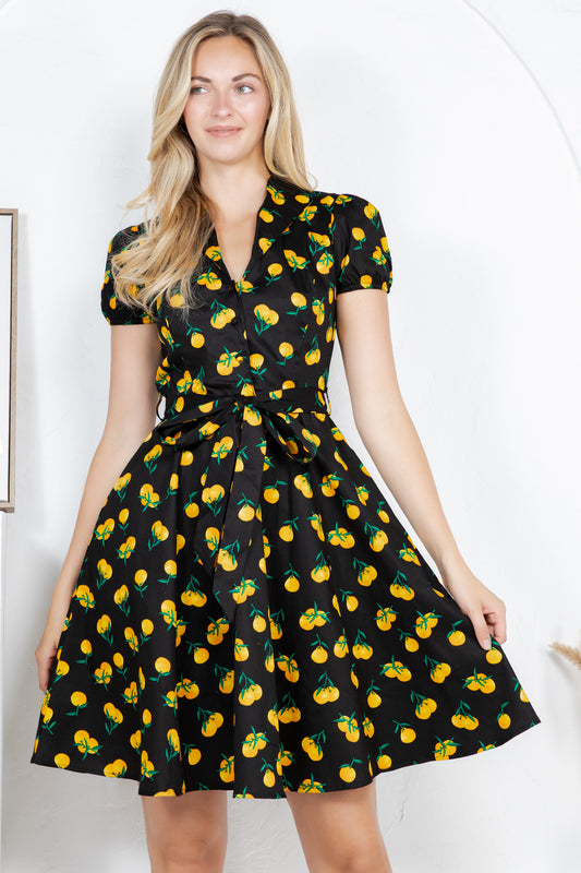 ORANGE PRINT COTTON DRESS - BLACK