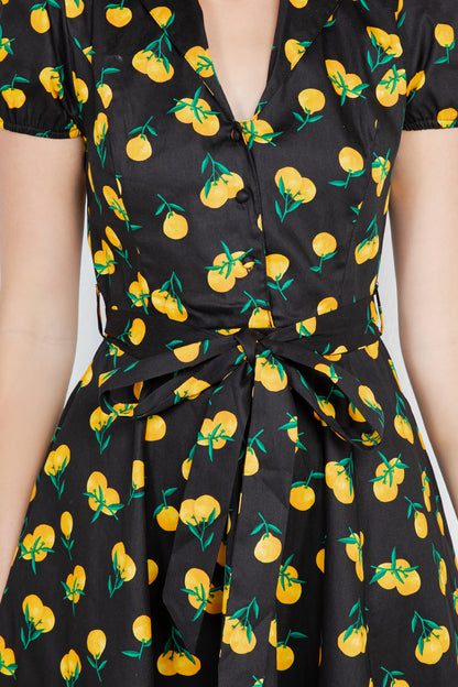 ORANGE PRINT COTTON DRESS - BLACK