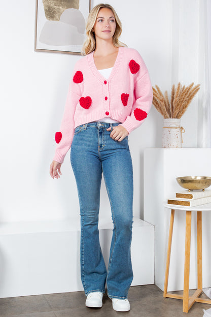 Retro Heart Knit Cardigan - Pink