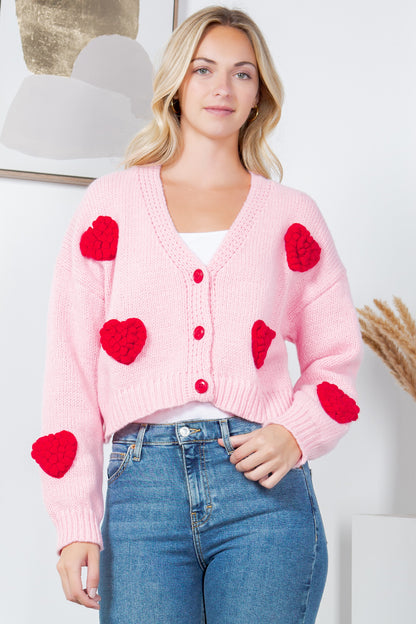 Retro Heart Knit Cardigan - Pink