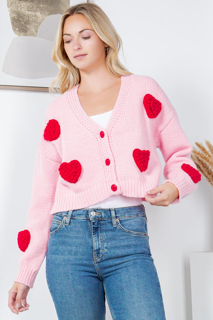 Retro Heart Knit Cardigan - Pink