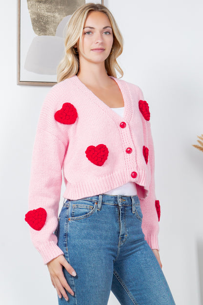 Retro Heart Knit Cardigan - Pink