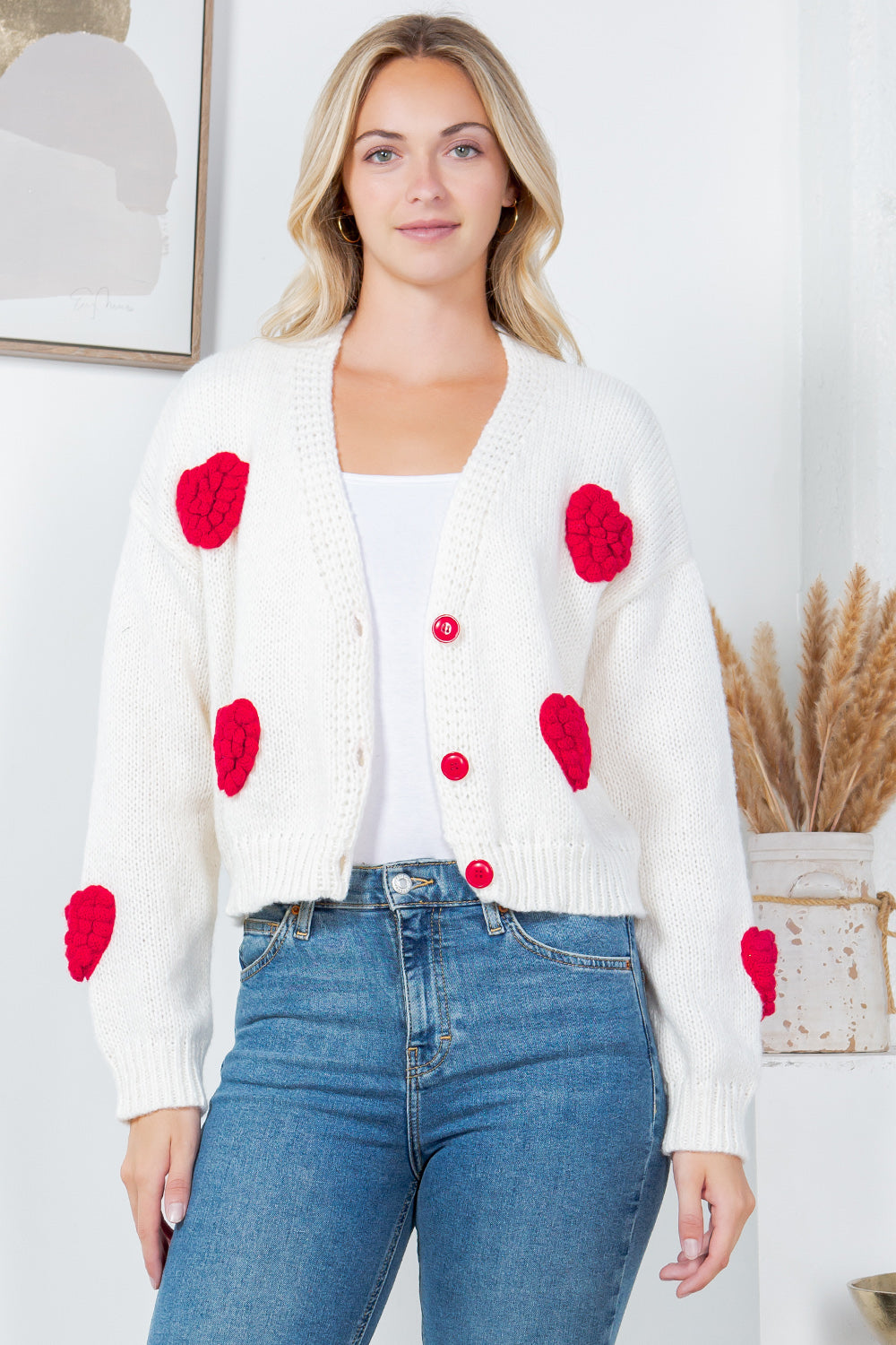 Retro Heart Knit Cardigan - White