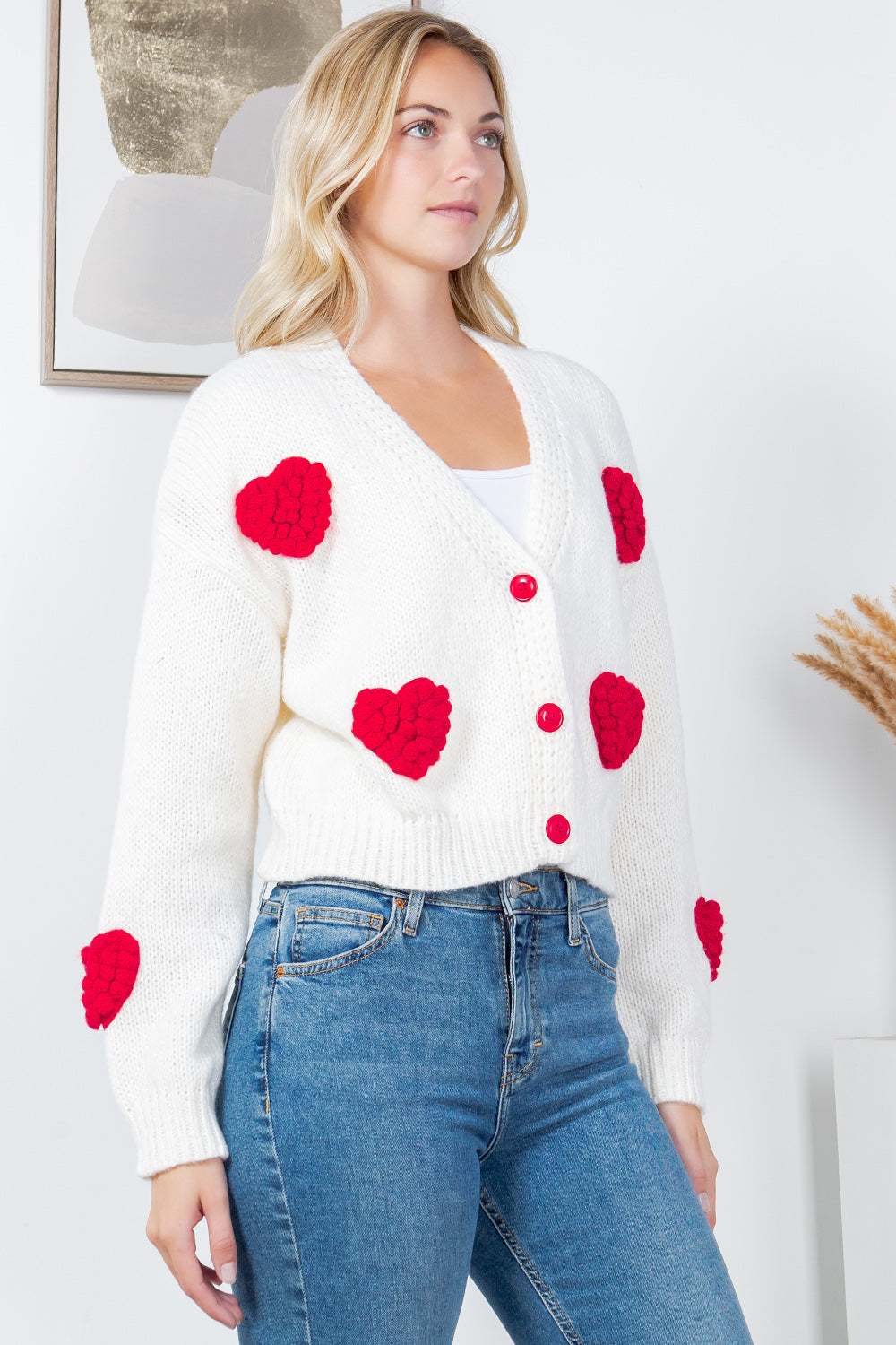 Retro Heart Knit Cardigan - White