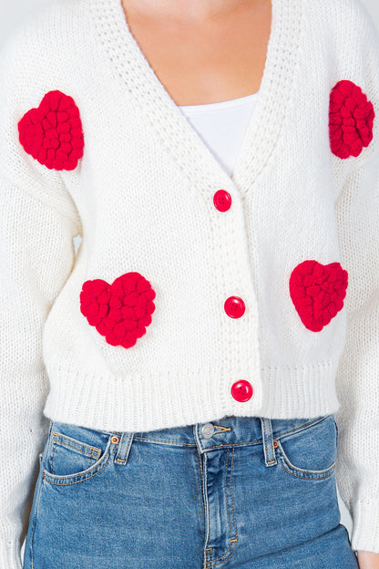 Retro Heart Knit Cardigan - White