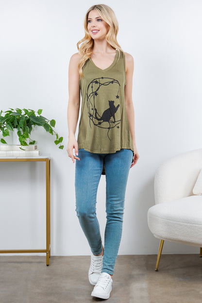 Cat With Moon V-Neck Flowy Tank Top