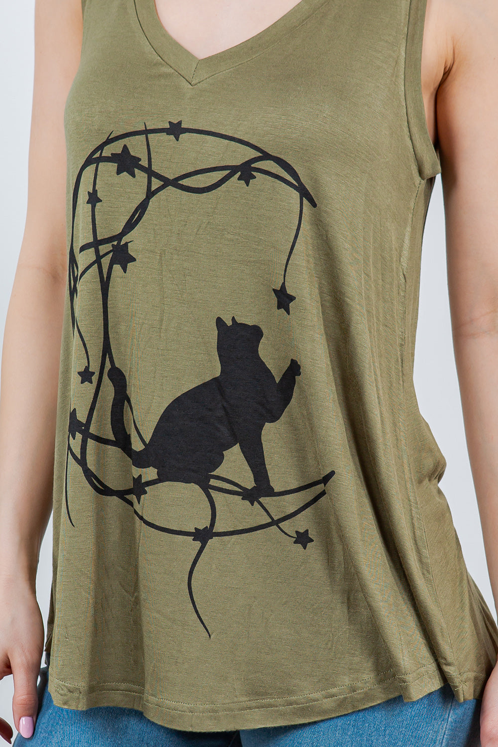 Cat With Moon V-Neck Flowy Tank Top