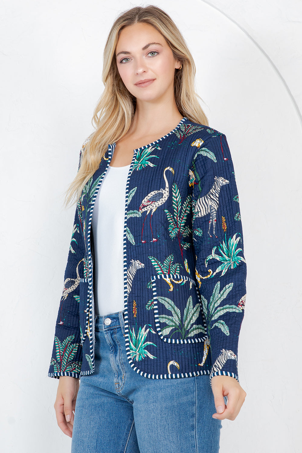 Jungle Print Quilted Cotton Jacket - NAVY