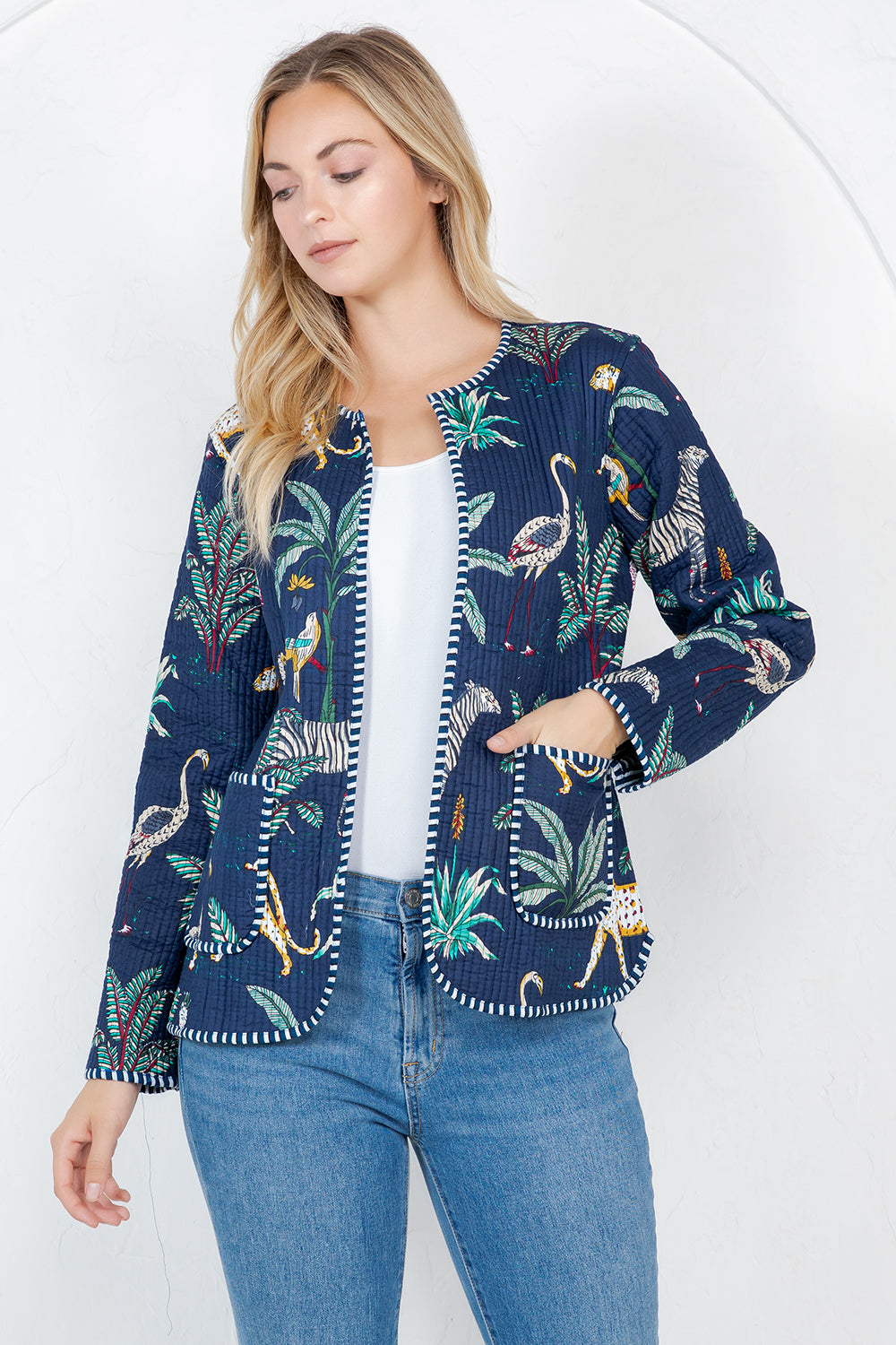 Jungle Print Quilted Cotton Jacket - NAVY