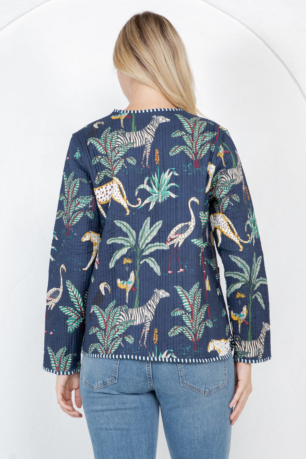 Jungle Print Quilted Cotton Jacket - NAVY