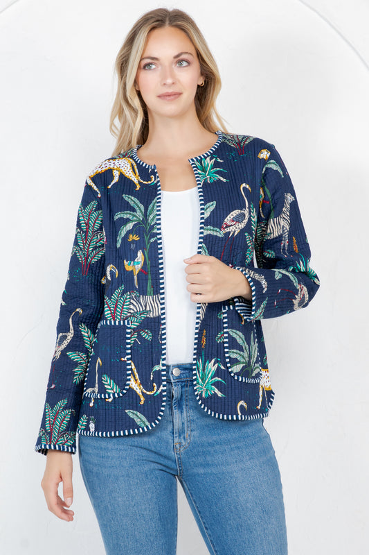 Jungle Print Quilted Cotton Jacket - NAVY