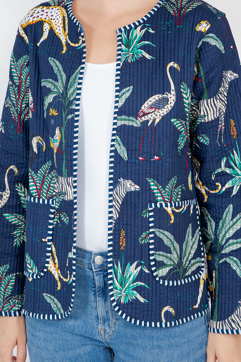 Jungle Print Quilted Cotton Jacket - NAVY
