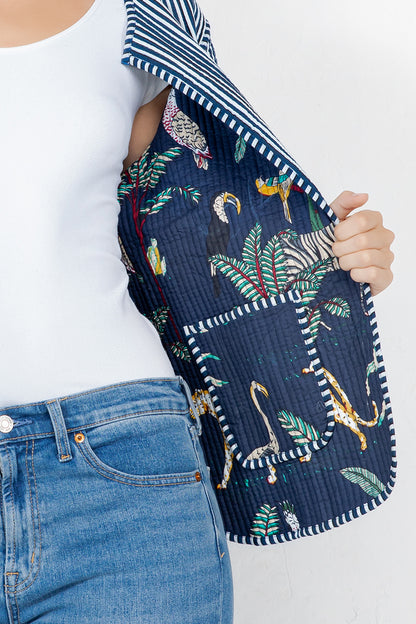 Jungle Print Quilted Cotton Jacket - NAVY