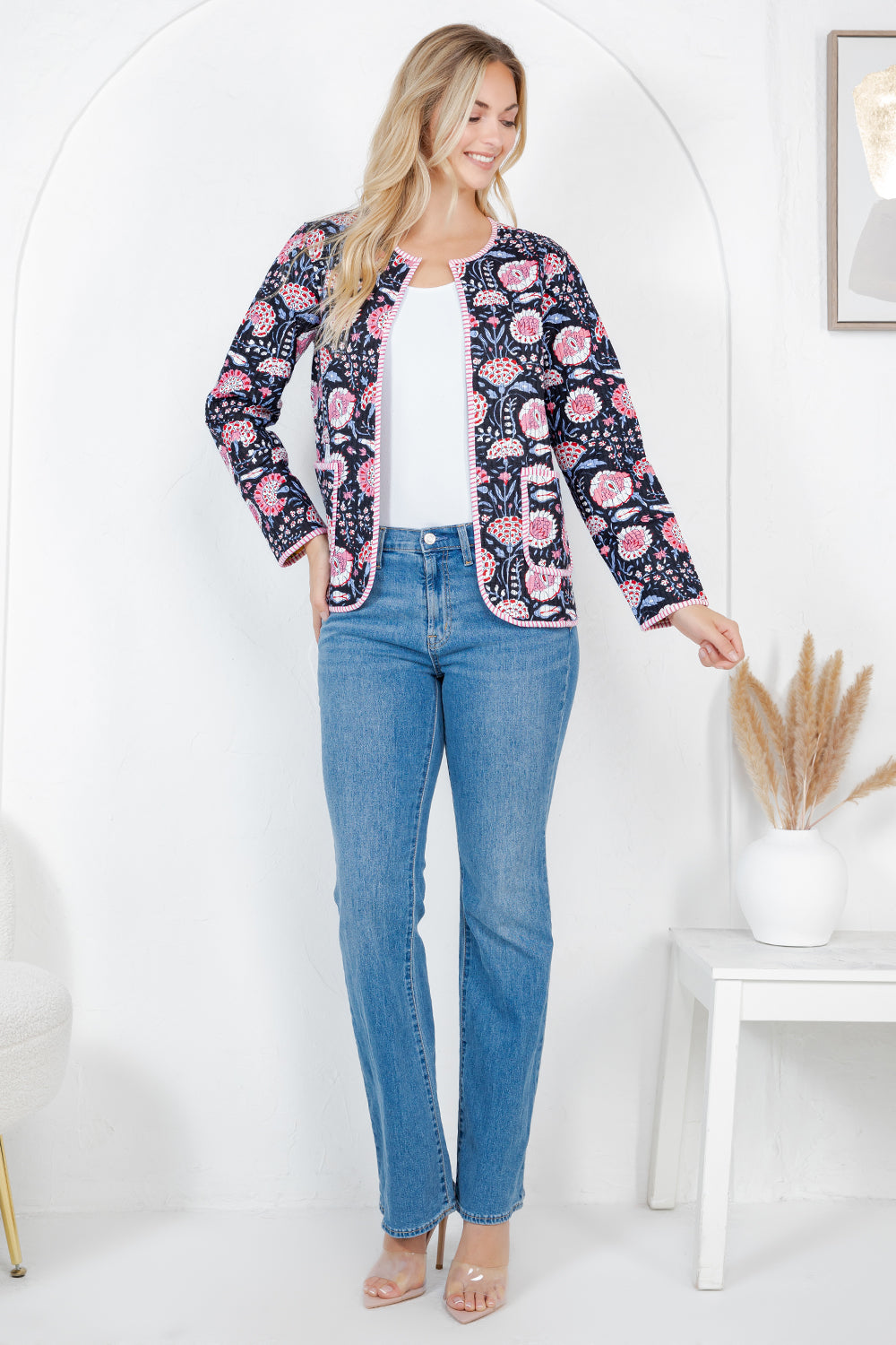 Floral Print Quilted Cotton Jacket - BLACK