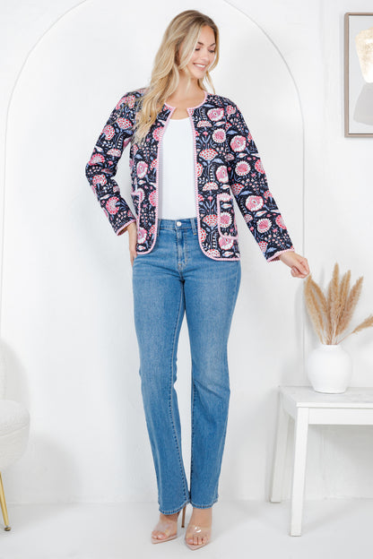 Floral Print Quilted Cotton Jacket - BLACK