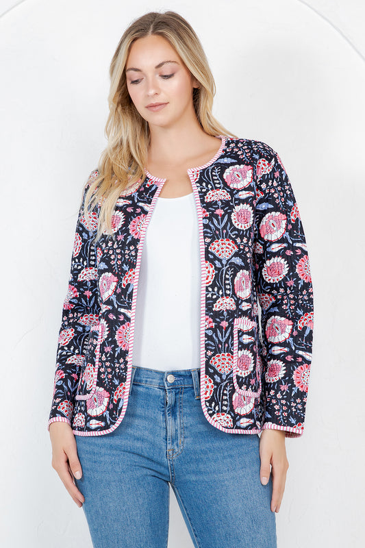 Floral Print Quilted Cotton Jacket - BLACK