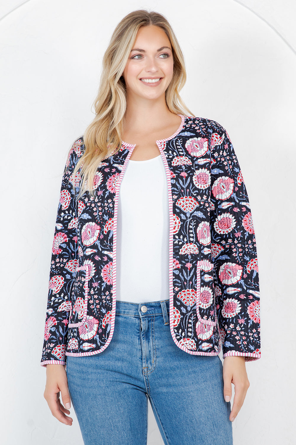 Floral Print Quilted Cotton Jacket - BLACK
