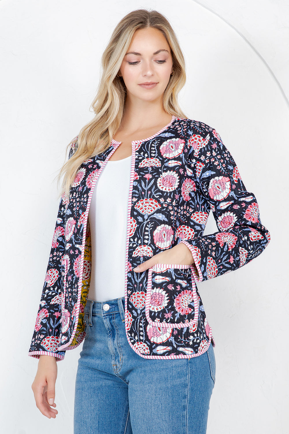 Floral Print Quilted Cotton Jacket - BLACK