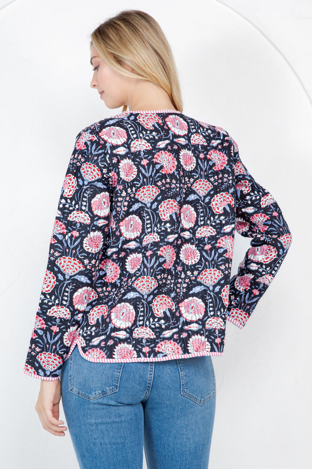 Floral Print Quilted Cotton Jacket - BLACK