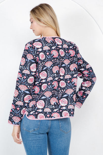 Floral Print Quilted Cotton Jacket - BLACK