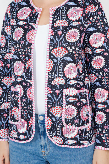 Floral Print Quilted Cotton Jacket - BLACK