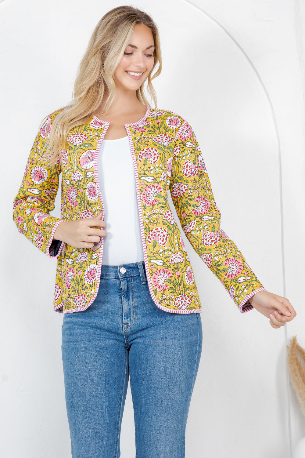 Floral Print Quilted Cotton Jacket - BLACK