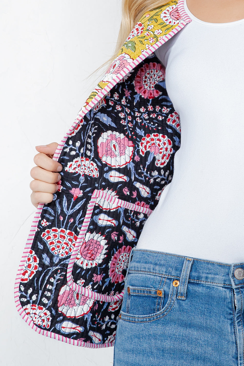 Floral Print Quilted Cotton Jacket - BLACK