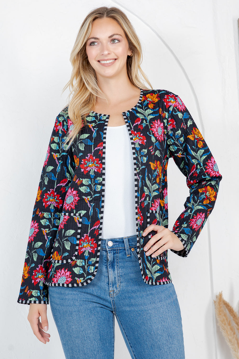 Floral Print Quilted Cotton Jacket - BLACK