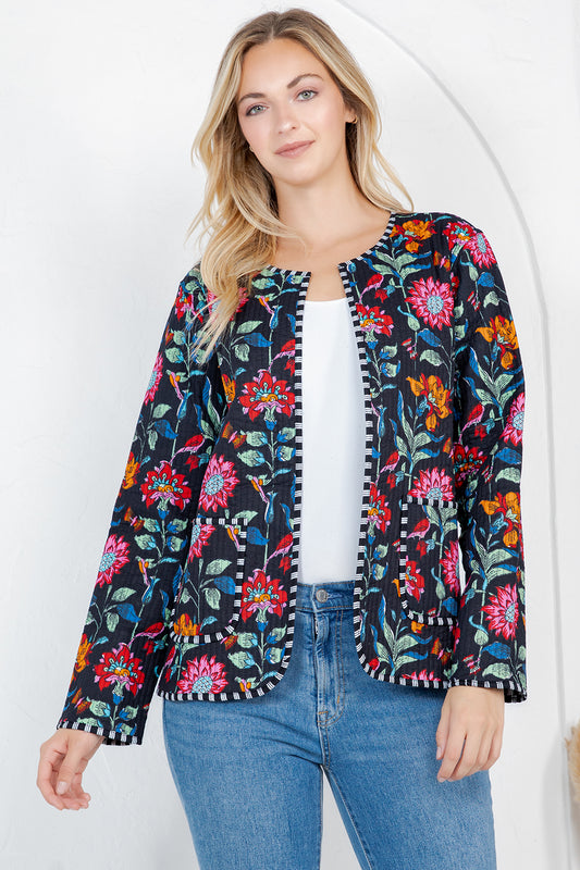 Floral Print Quilted Cotton Jacket - BLACK