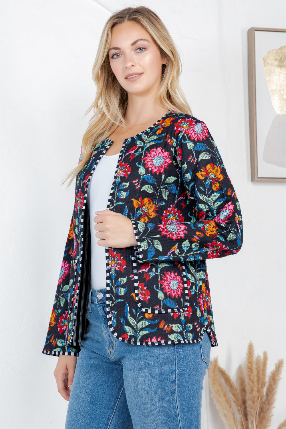 Floral Print Quilted Cotton Jacket - BLACK